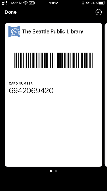 The final pass, which displays a logo, the text "The Seattle Public Library", a barcode, and an obviously fake barcode number under it.